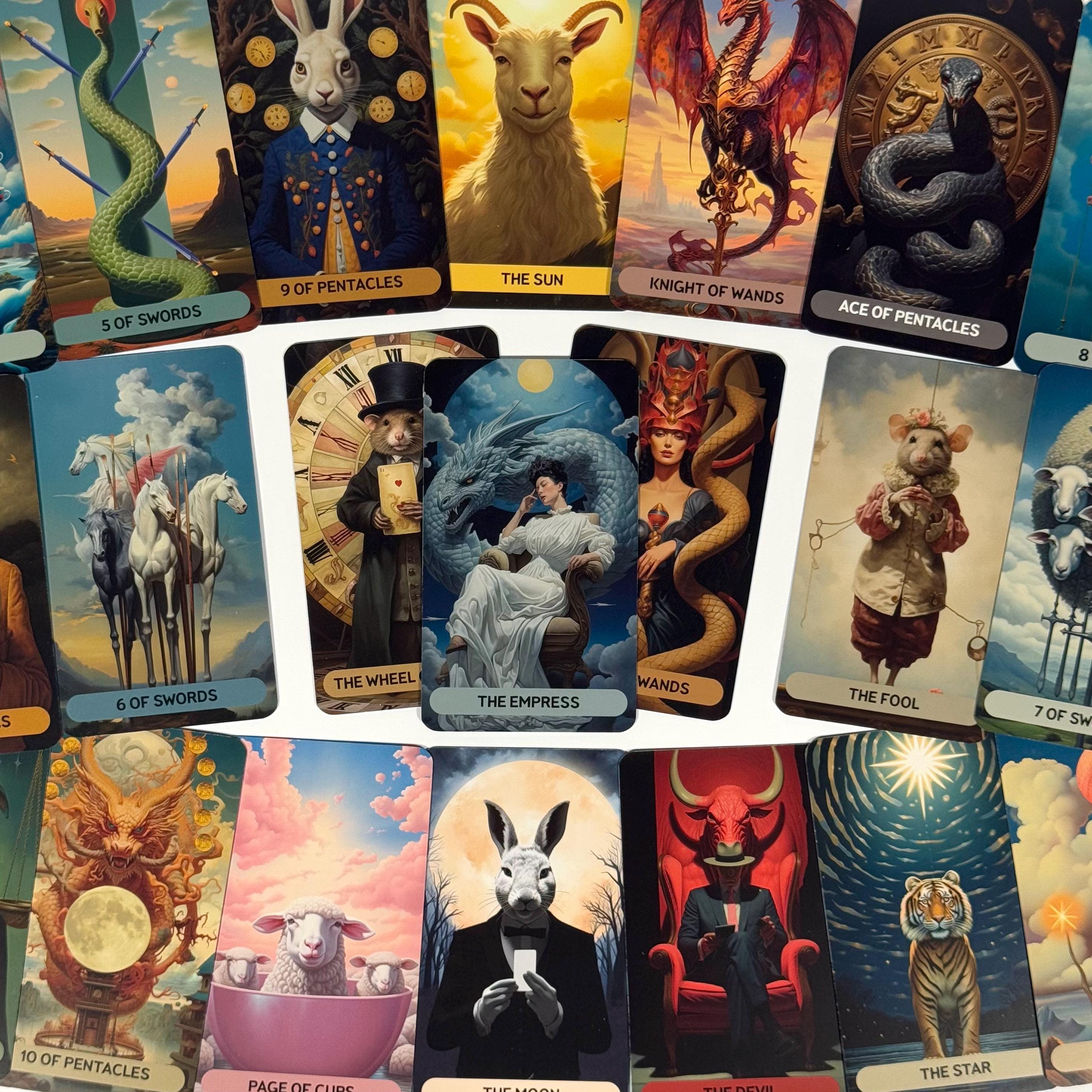 May include: A collection of tarot cards featuring whimsical illustrations. The cards display various figures, including animals in human attire, dragons, and symbolic imagery. Each card has a title, such as "The Empress" and "The Fool". The color palette includes blues, reds, and golds.