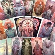 May include: A set of tarot cards with pink and white illustrations. The cards feature a variety of characters and symbols, including a woman with a crown, a man with a sword, and a wheel of fortune. The cards are arranged in a circle, with the backs of the cards facing outward.